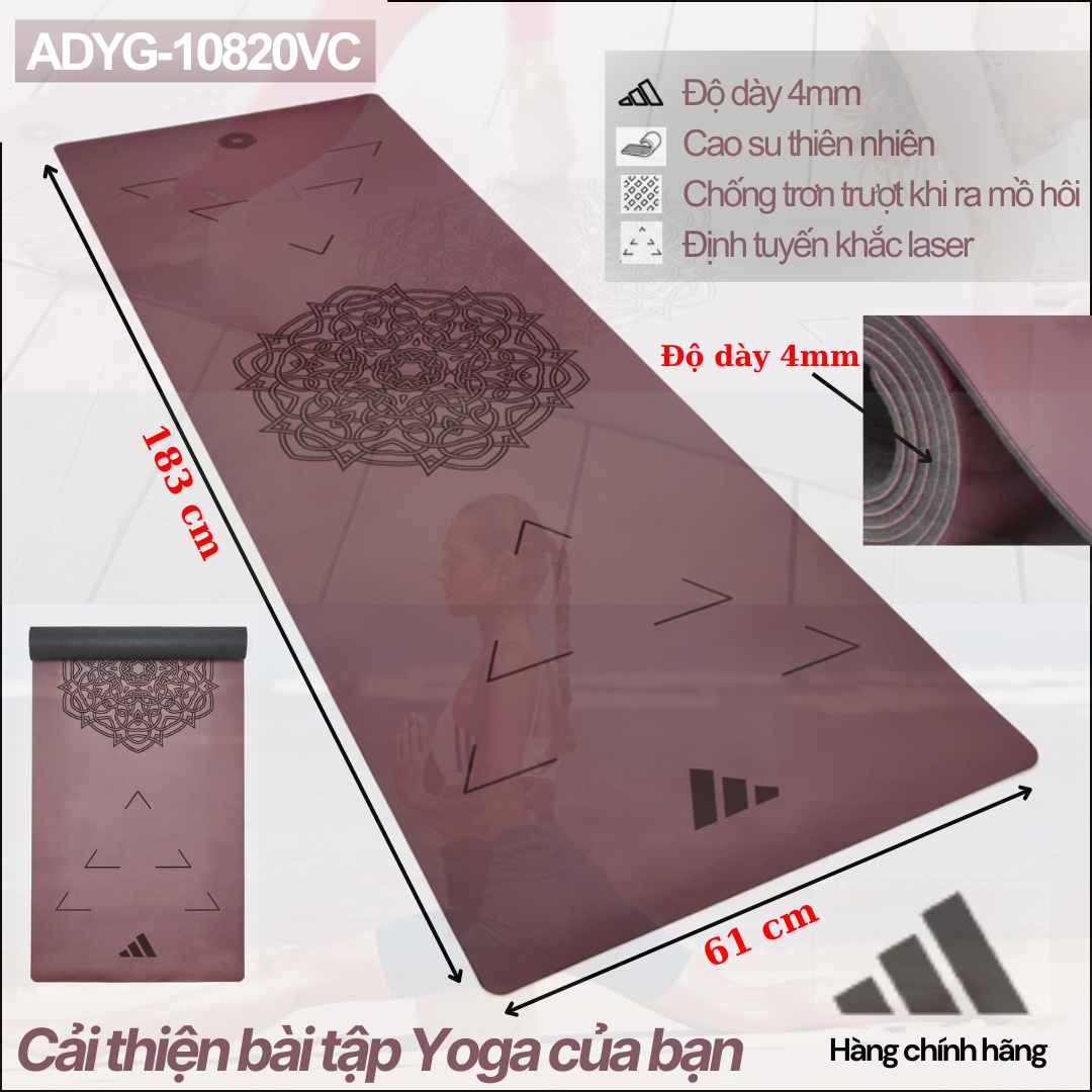 Thảm Yoga ADIDAS ADYG-10820VC Cao su PU thiên nhiên 4mm Chống trượt khi ra mồ hôi - Hàng Chính Hãng