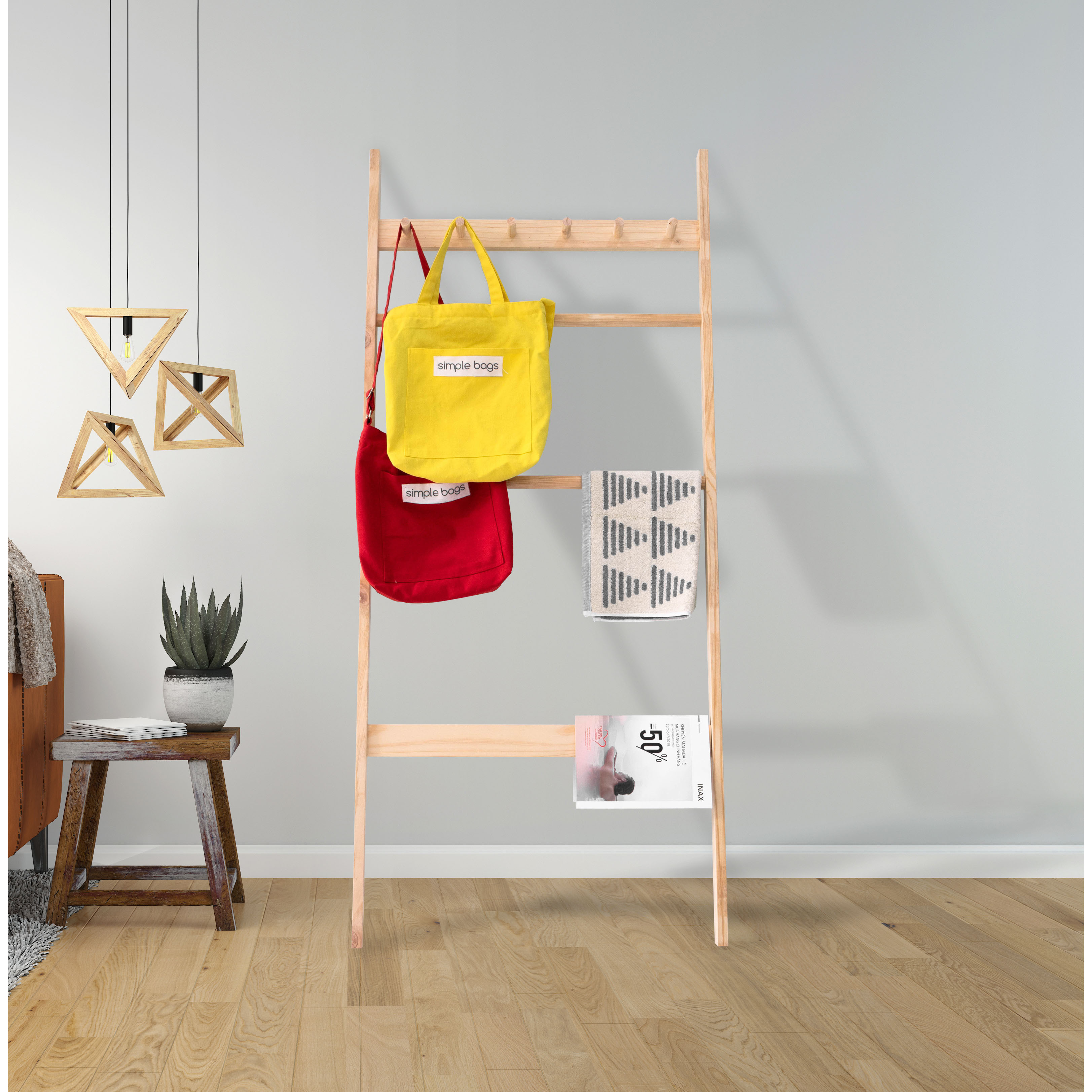 GIÁ TREO ĐỒ HÌNH THANG TRANG TRÍ, TREO ĐỒ HÀN QUỐC MÀU GỖ TỰ NHIÊN - C TOWEL LADDER NATURAL