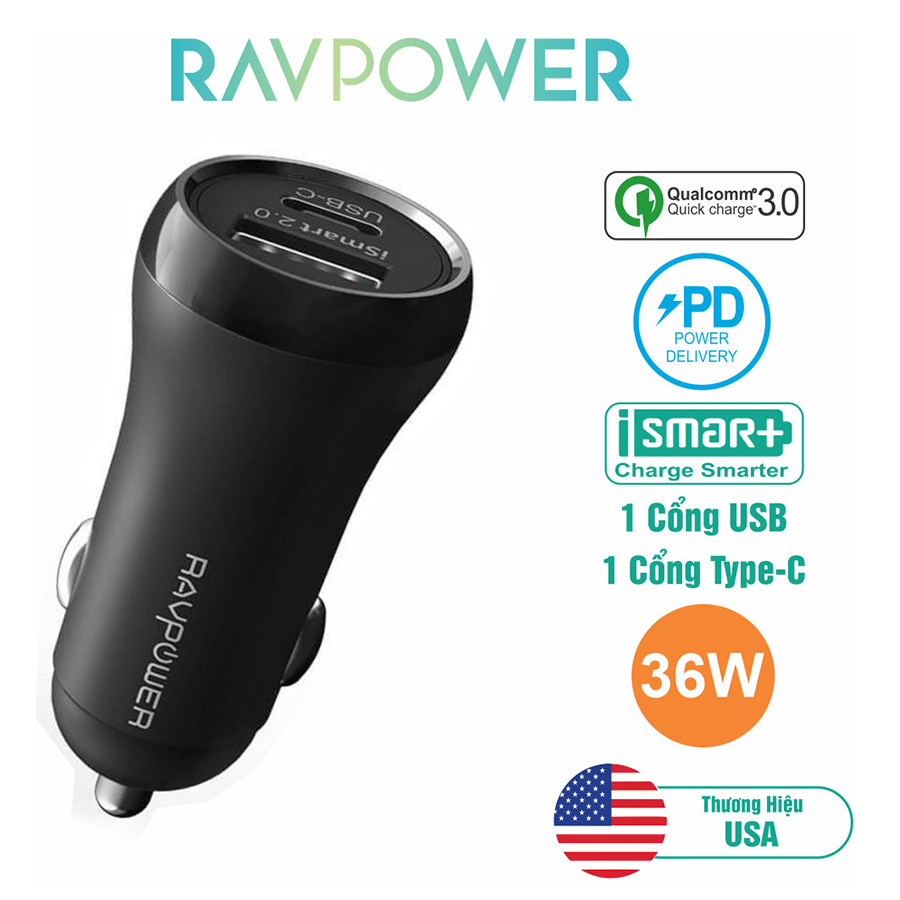 Sạc Xe Hơi 1 USB + 1 USB Type C RAVPower RP-PC091 Hỗ Trợ Sạc Nhanh PD Power Delivery 18W và Quick Charge 3.0 - Hàng Chính Hãng