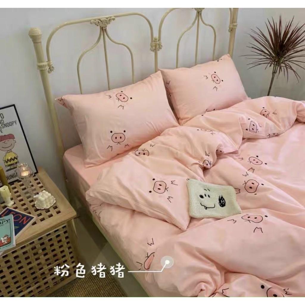 Bộ chăn ga gối Cotton Poly M2T bedding heo hồng, vỏ chăn mền, drap giường và 2 vỏ gối