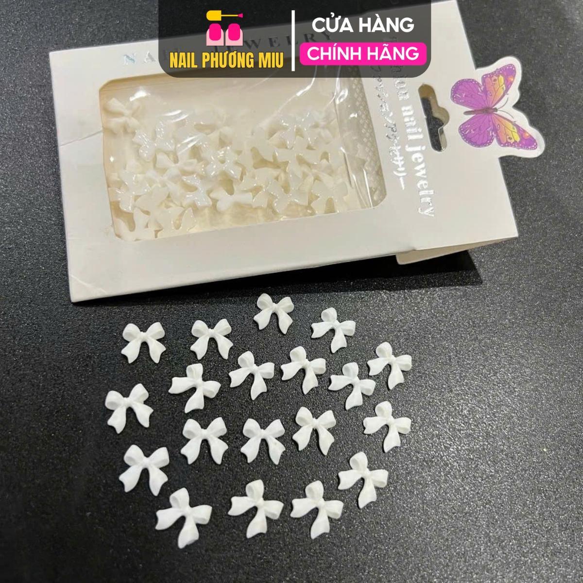 Set Charm Nơ Trắng Nhựa Hàng Đẹp Gắn Móng Làm Nail Phương Miu Kiểu Hàn Quốc Đế Bằng Dễ Đính Nữ Women