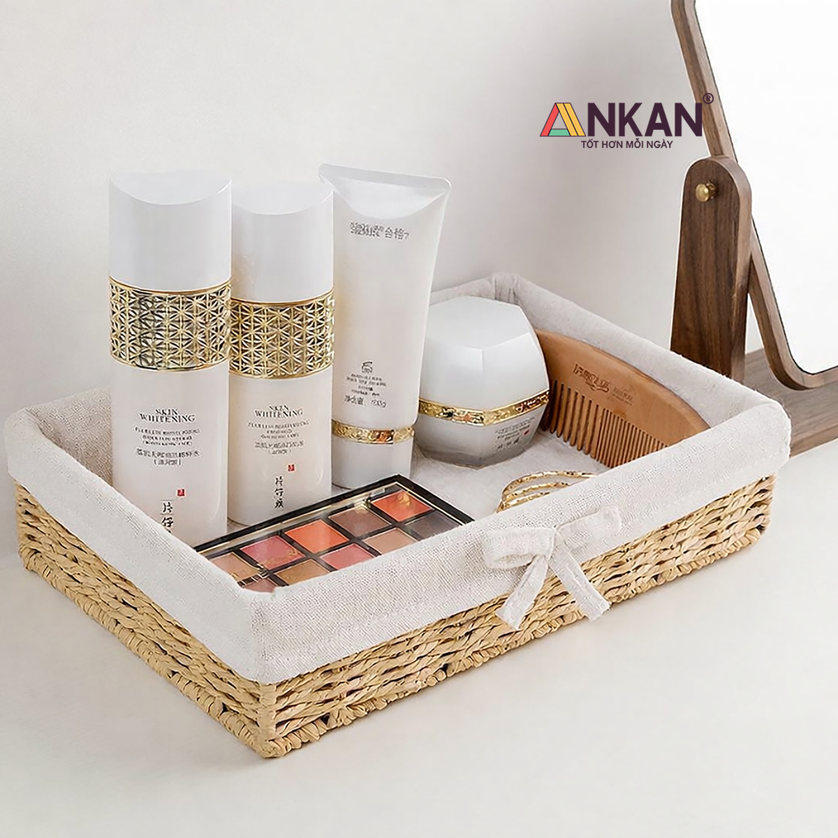 Khay Đựng Bánh Kẹo Hoa Quả Sang Trọng Chữ Nhật Lót Vải Nơ Đa Năng