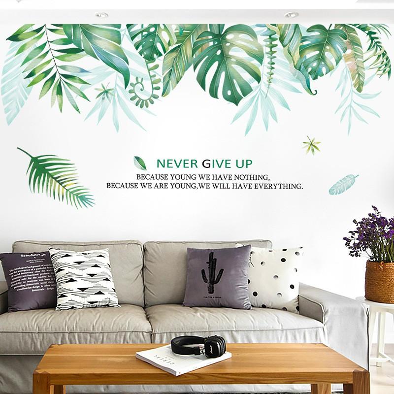 DECAL DÁN TƯỜNG PHONG CÁCH HÀN QUỐC NHIỆT ĐỚI tán lá xanh NEVER GIVE UP