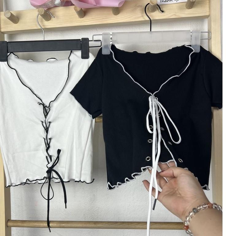 Áo croptop kiểu nữ tay ngắn phong cách Hàn quốc thiết kế đan dây trước ngực- AO081