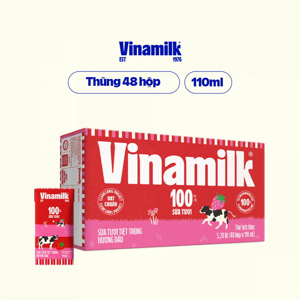 Thùng 48 Hộp Sữa Tươi Tiệt Trùng Vinamilk 100% Hương Dâu 110ml