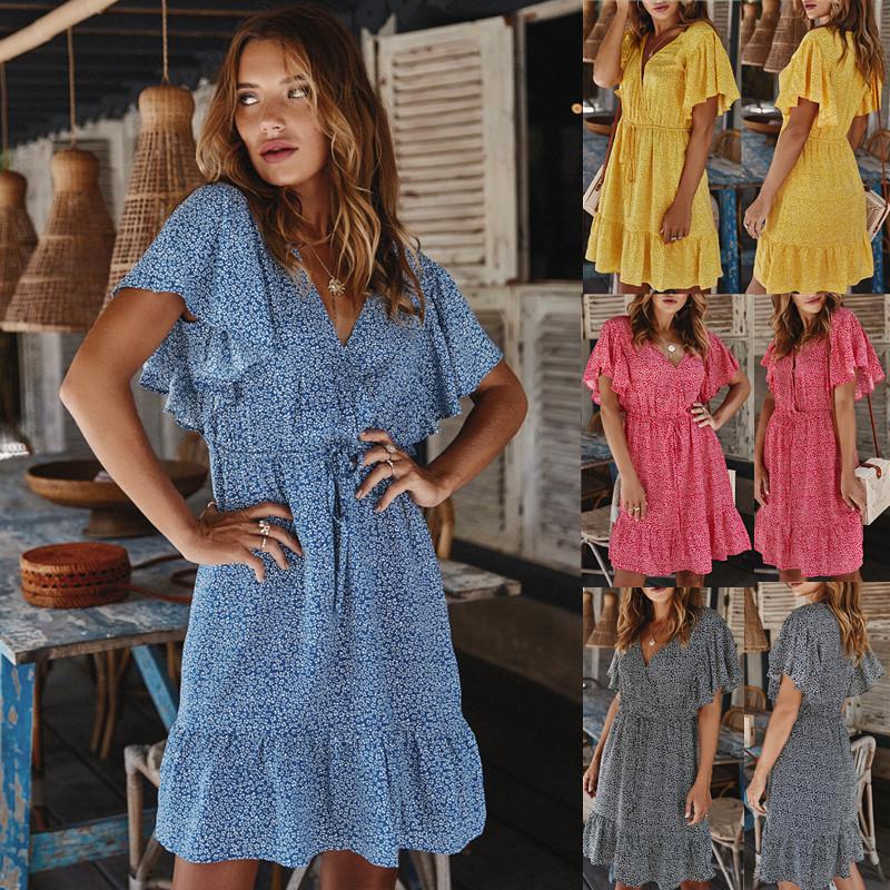 Women Summer Floral Print Dress Ruffles Short Sleeves V Neck Drawstring Tied Waist Boho Holiday Beach Party Casual Mini