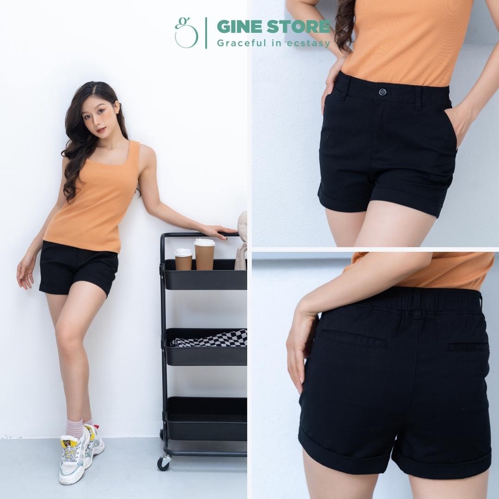 Quần short kaki nữ lưng thun BLOSS - Vải cotton kaki nhung mịn, co giãn phong cách Hàn Quốc GINE STORE
