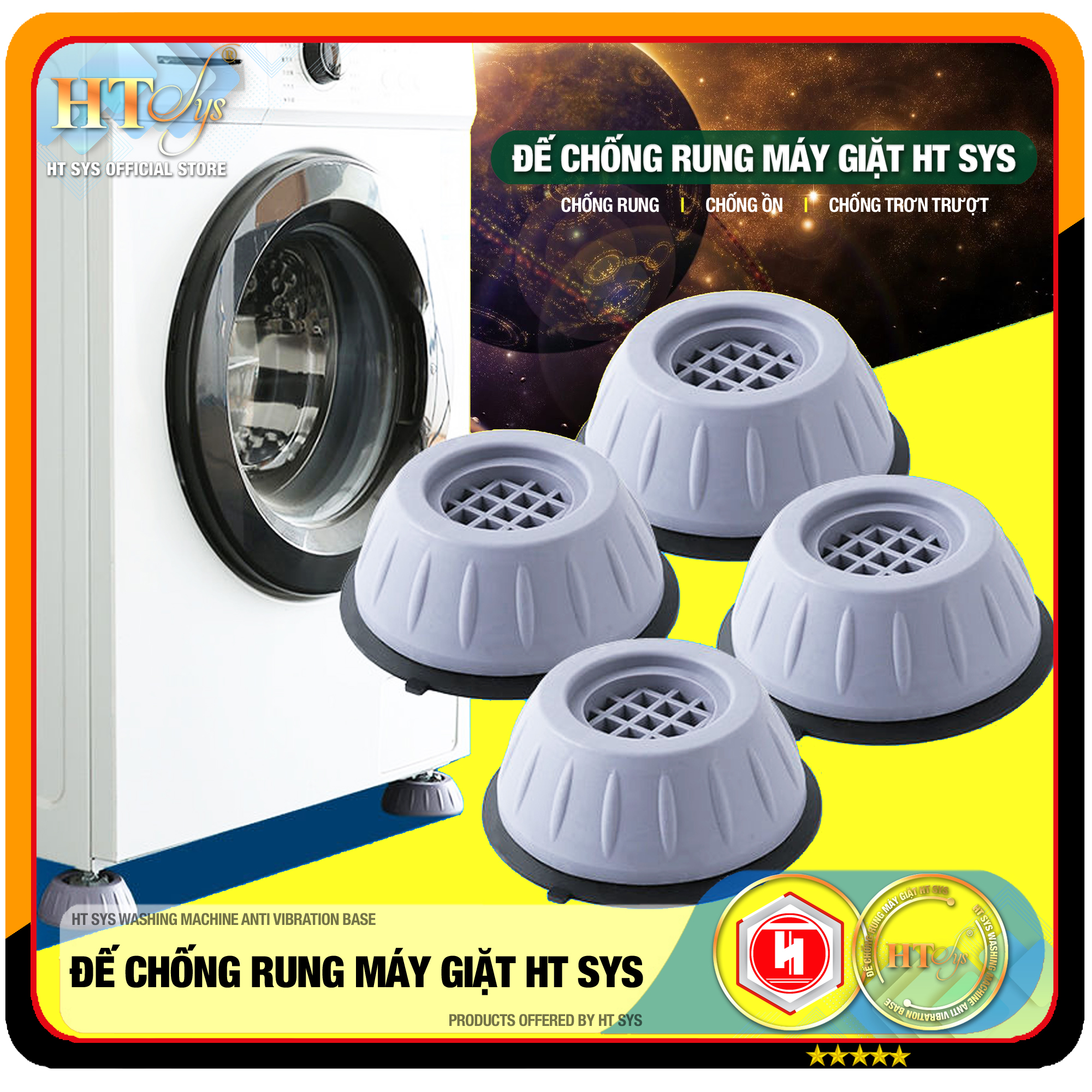 Combo 04 đế cao su chống rung máy giặt - HT SYS - Đế chống rung máy giặt - Đế chống ồn máy giặt, máy sấy,tủ lạnh, bàn ghế +01 Sét 3 móc dính dán tường vàng tài lộc HT SYS