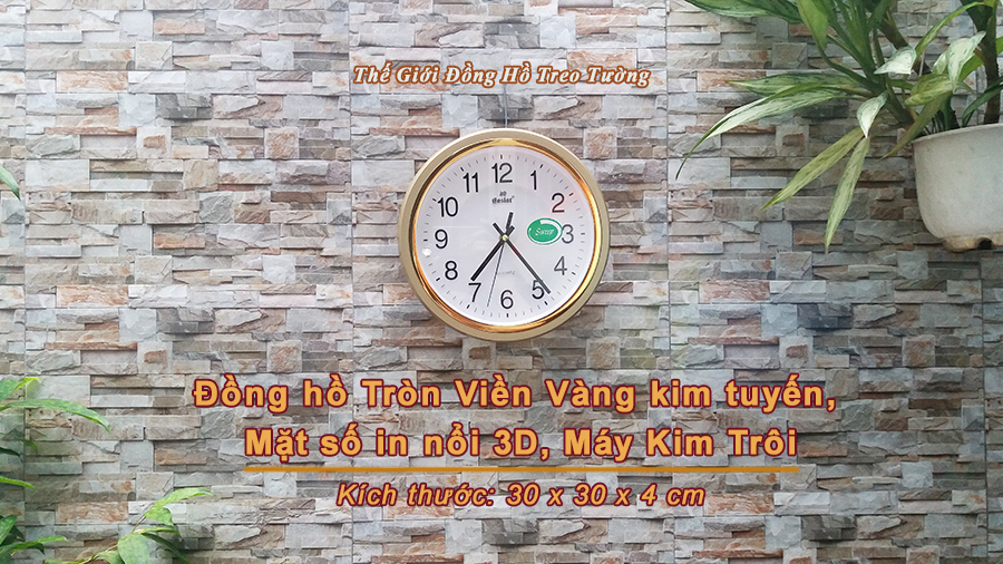 Đồng Hồ Treo Tường KIM TRÔI EASTAR Tròn Viền Vàng Kim Tuyến - Mặt số in Nổi 3D - Máy Kim trôi – Tặng Pin Maxell