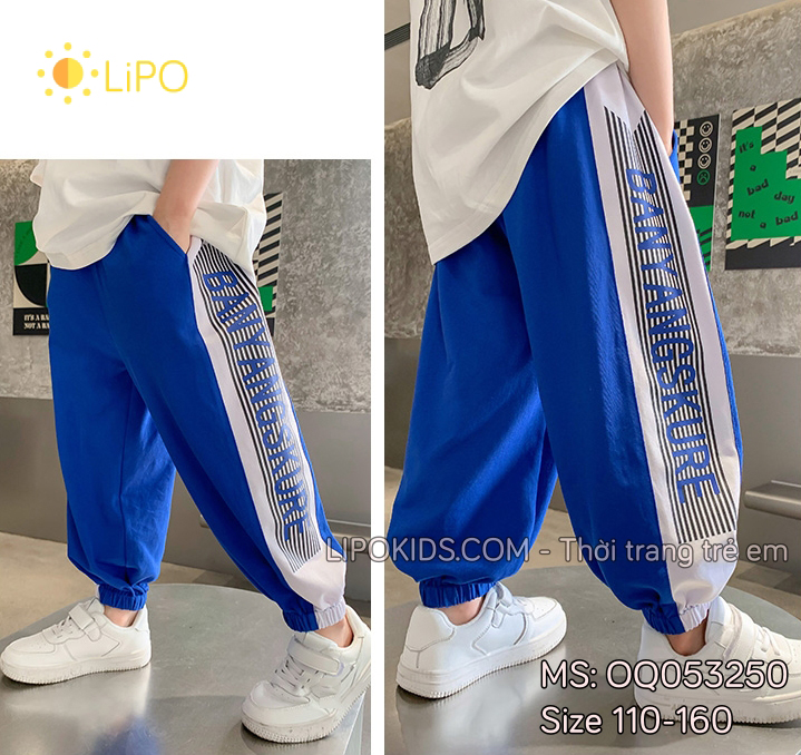 Quần jogger cho bé trai thể thao màu xanh kẻ sọc phong cách Hàn Quốc OQ053