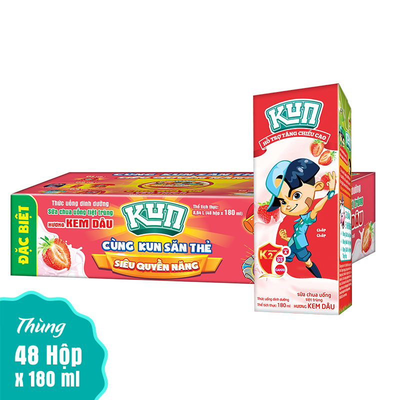 Thùng 48 Hộp Sữa Chua Uống Dâu KUN K2 180ml/hộp