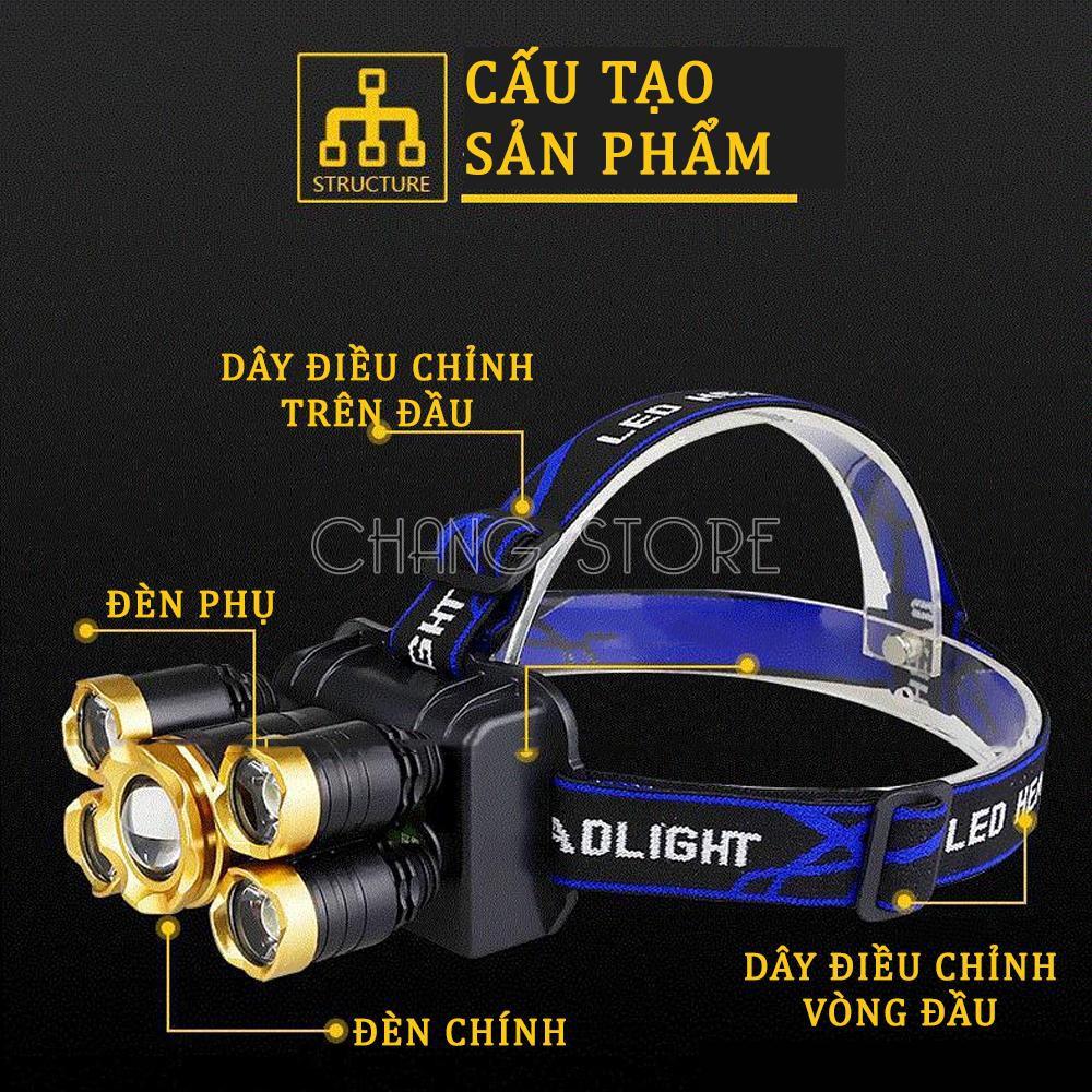 Đèn Pin Đội Đầu Đeo Trán 5 Bóng T6 Siêu Sáng Kèm Pin Sạc Siêu Tiện Lợi