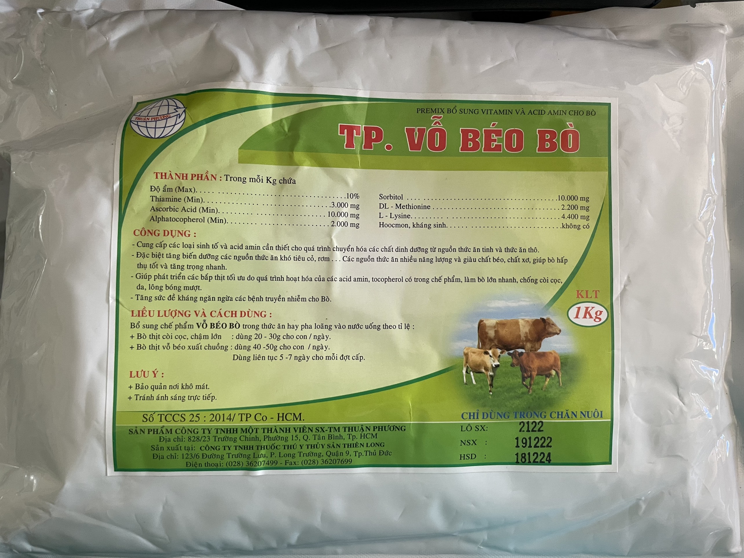 VỖ BÉO BÒ 1KG - PREMIX BỔ SUNG VITAMIN VÀ  ACID AMIN CHO BÒ