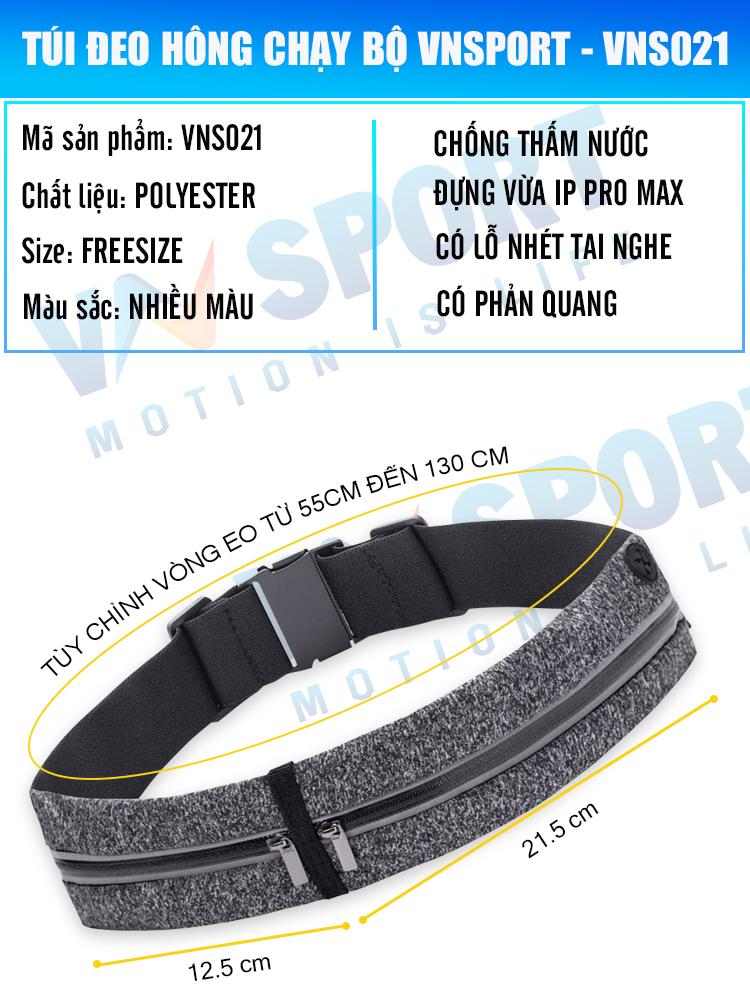 Túi Đeo Hông Chạy Bộ VNSPORT - VNS021, Túi Đeo Bụng Chạy Bộ Nam Nữ Cao Cấp, Chống Thấm Nước, Thời Trang