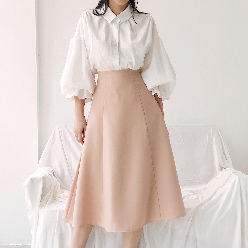 KIOBI - Chân váy Laluna form midi rã 6 mảnh, ôm trên xòe dưới, lưng cao, 3 size S M L, vải cotton bố be - KIV170801B