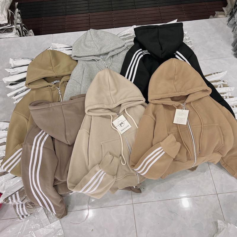 Áo khoác nữ chống nắng Croptop 3 Sọc Dáng Rộng Mũ To 3 sọc bao chất phối đẹp-A2116 - Xám Sọc Nón To