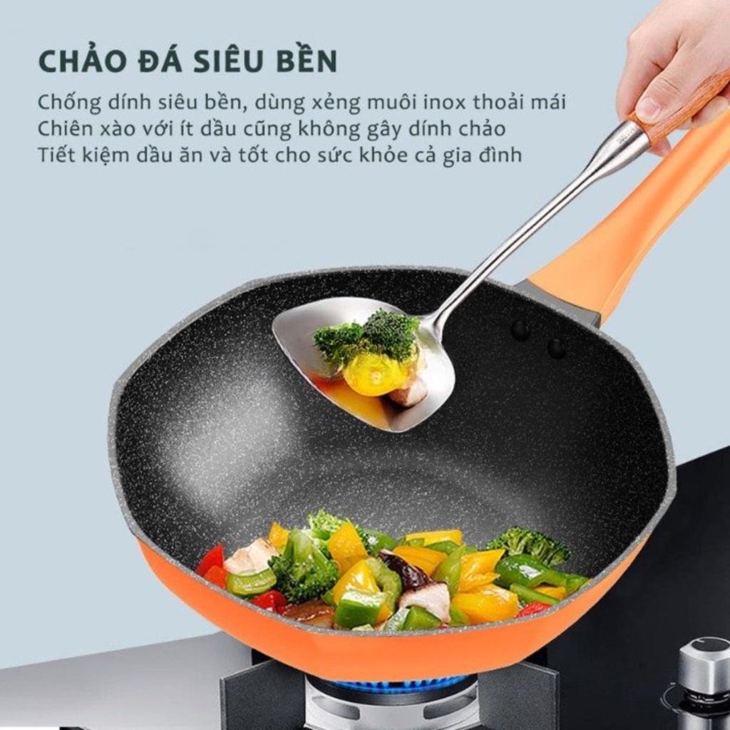 Chảo đá chống dính bát giác cao cấp 32cm kèm vung thuỷ tinh, chất liệu thép hợp kim kháng khuẩn, dùng được mọi loại bếp