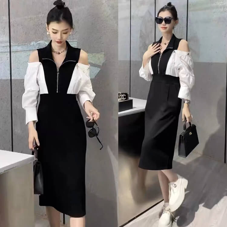 Đầm rớt vai khóa kéo