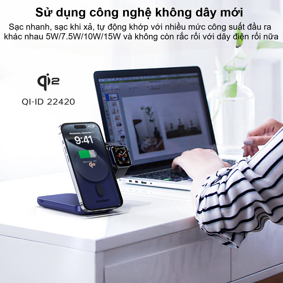 Pin dự phòng dung lượng 10000mAh kiêm đế sạc không dây chuẩn Qi 2 gấp gọn Choetech B750 (Hàng chính hãng)