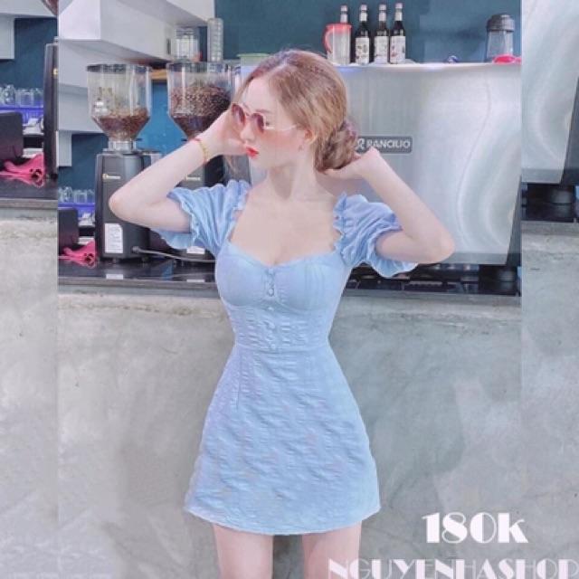 Đầm đũi nhăn tay phồng đính nút có mút ngực xinh lung linh