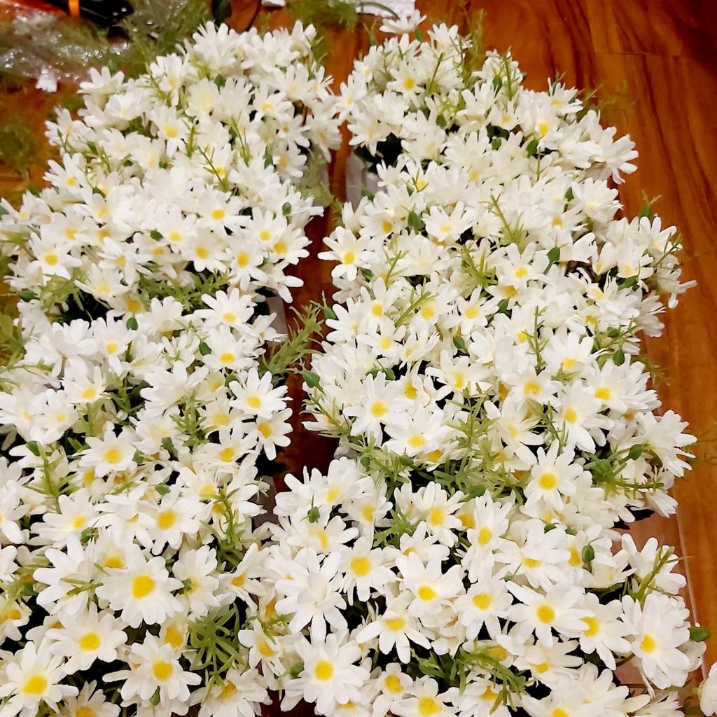 Hoa lụa, giỏ hoa cúc họa mi đẹp cắm sẵn hàng rào gỗ trang trí nhà cửa, văn phòng, spa, khách sạn GC-01