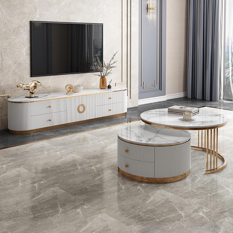 Bộ bàn trà đôi hai ngăn kéo, bàn sofa mặt đá CERAMIC chân INOX, nội thất phòng khách hiện phong cách bắc âu - Bảo hành 12 tháng