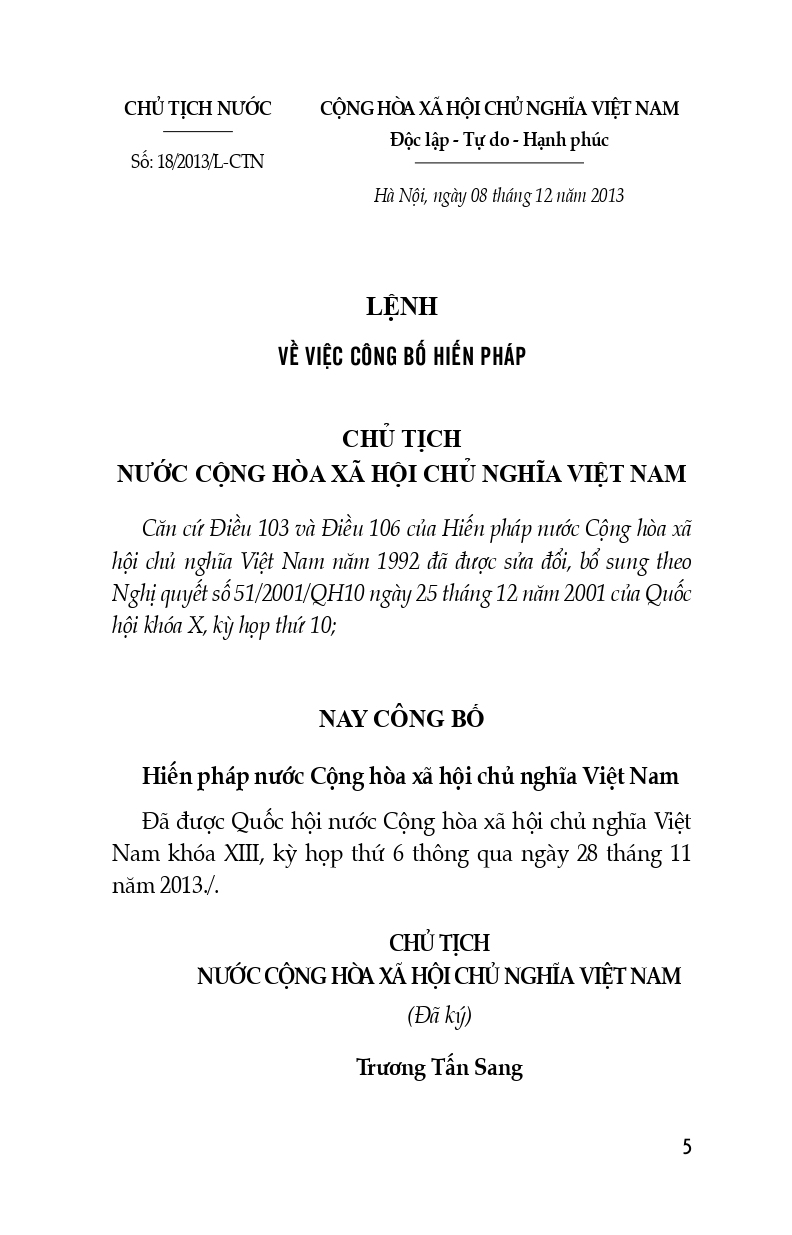 Hiến Pháp Nước Cộng Hòa Xã Chủ Nghĩa Xã Hội Việt Nam (Các Bản Hiến Pháp Năm 2013 - 1992 - 1980 - 1959 - 1946)