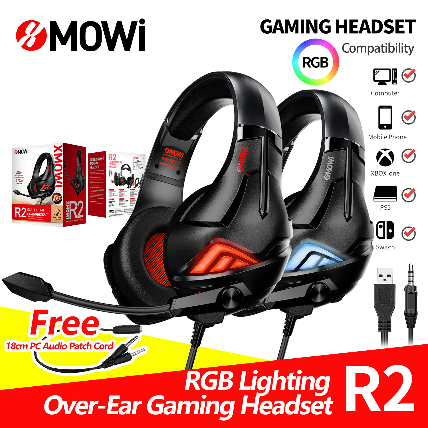 Tai nghe chụp tai xMOWI R2 - Tai nghe gaming có mic - Chống tiếng ồn - Đèn led RGB - Kết nối 3.5mm và USB - Hàng Chính Hãng