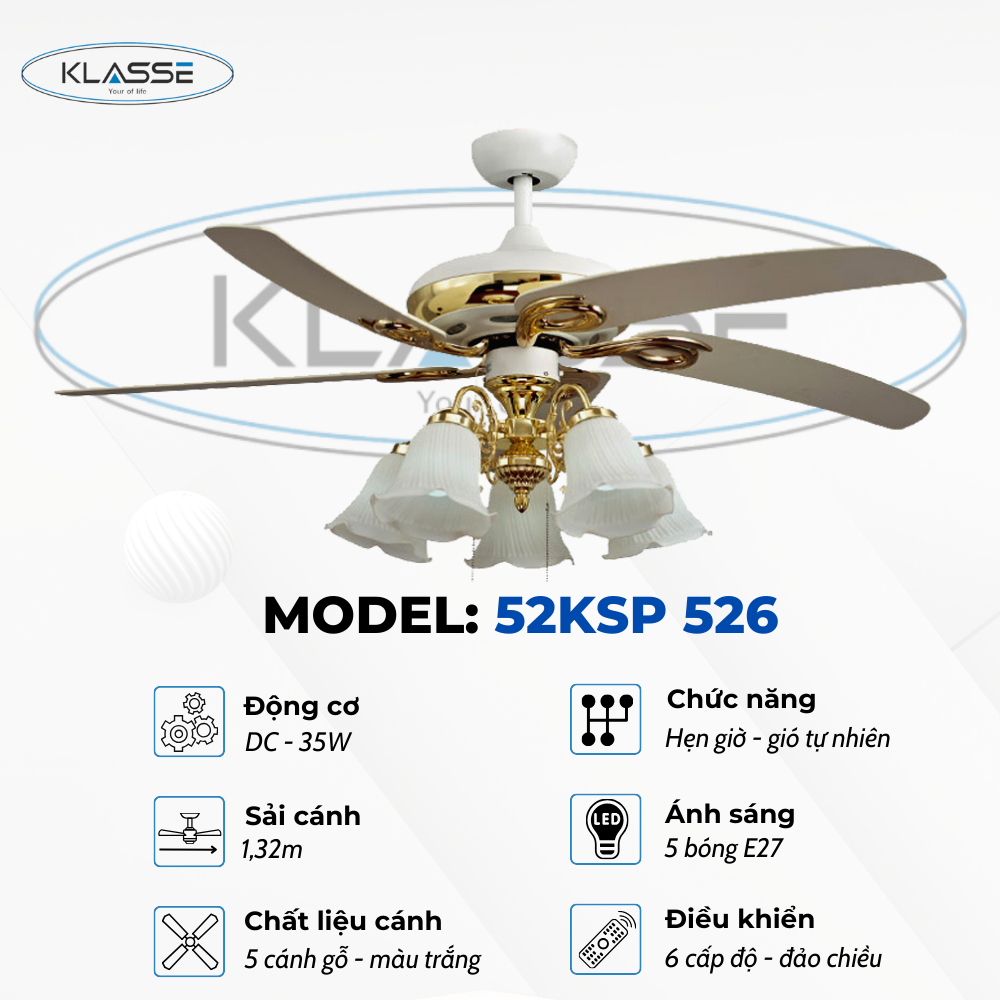 Quạt trần cánh gỗ chùm đèn Klasse 52KSP 526 Hàng chính hãng