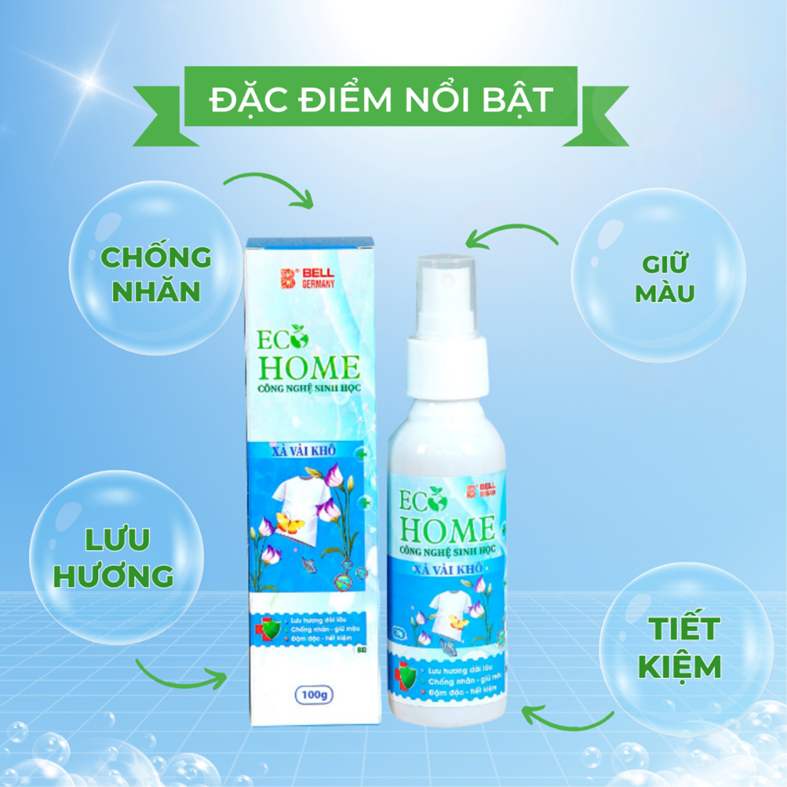 Xả Vải Khô Dạng Xịt Công Nghệ Sinh Học ECOHOME 100ml Hương Ban Mai Vỏ Xanh Làm Mềm Vải Khử Mùi Mồ Hôi, Lưu Hương Cả Ngày