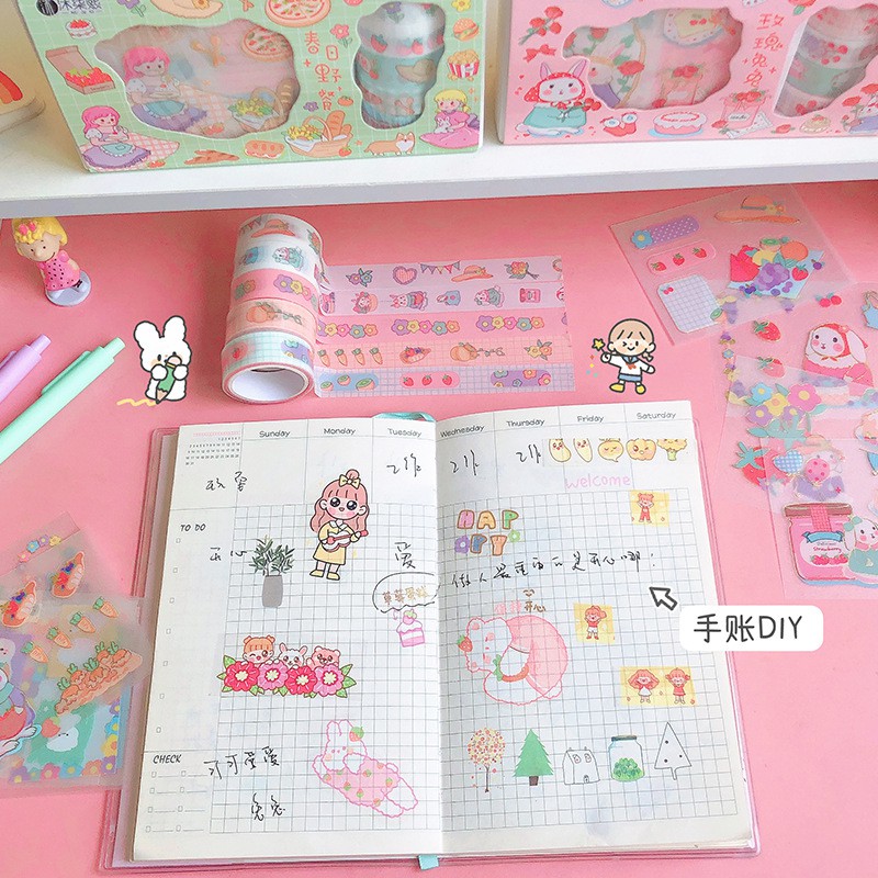 Hộp 5 cuộn Washi và 9 miếng sticker dễ thương