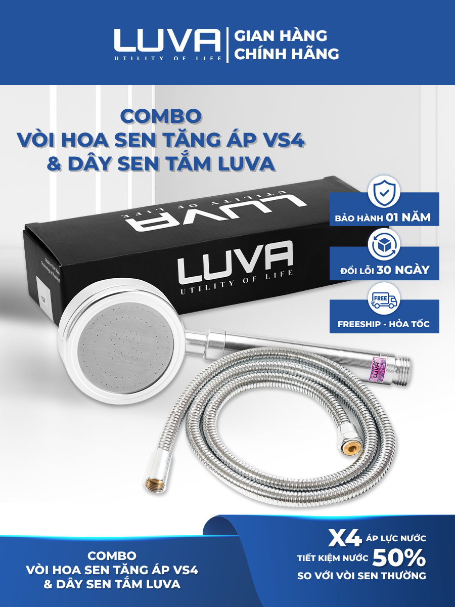 Combo vòi hoa sen Luva VS4 kèm dây sen Luva GK2, inox 304, lõi đồng, dài 1.5m, BH 1 năm đổi lỗi 30 ngày