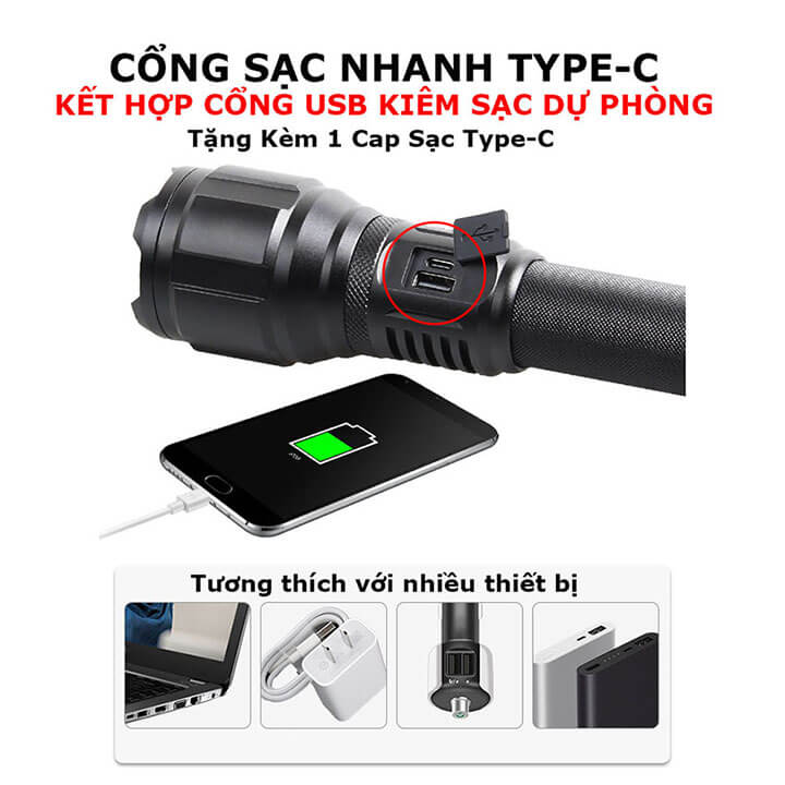 Đèn pin siêu sáng cầm tay XHP360 chiếu xa 500m có Zoom xa gần, pin trâu 16000mAh, chống thấm nước IPX4, 5 chế độ sáng