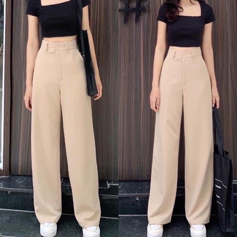 Quần ống rộng suông dài 100cm, quần culottes cạp cao 2 cúc siêu tôn dáng Kanimi