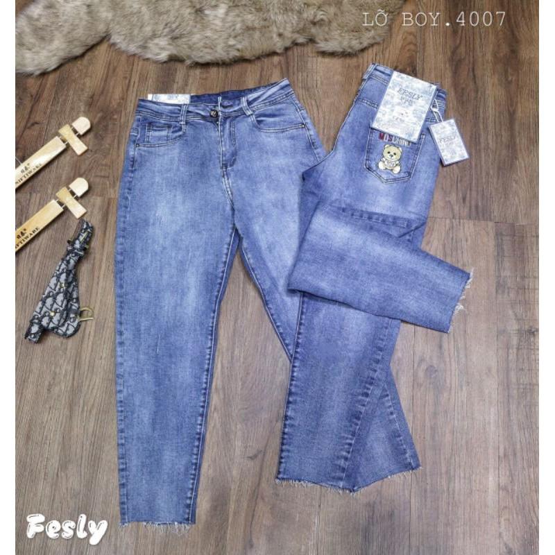 Quần Jeans Nữ Baggy Thêu Túi Gấu Lưng Cao