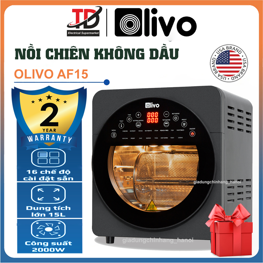 Nồi Chiên Không Dầu OLIVO AF15, 15Lit - 2000W, 16 Chức Năng Nấu và Phụ Kiện Đa Dạng, Hàng Chính Hãng