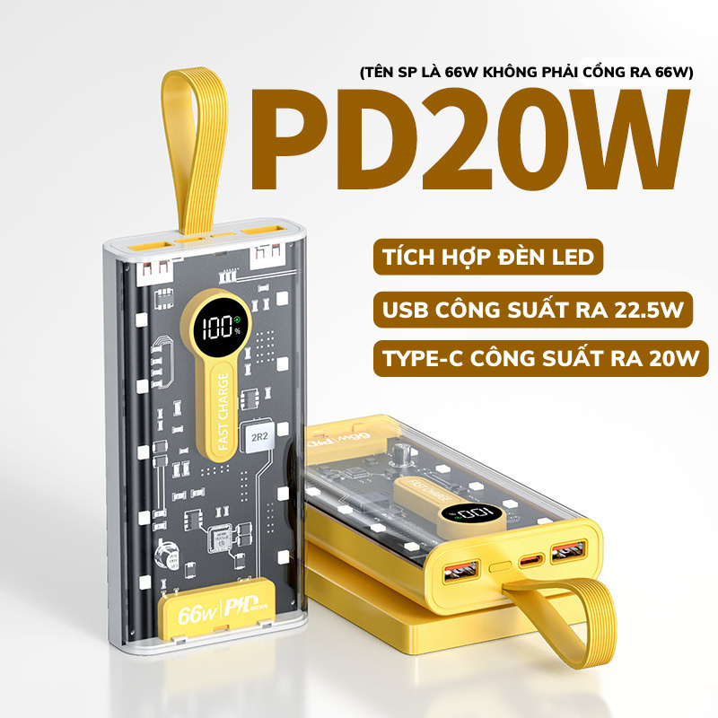 Pin,Sạc Dự Phòng HXSJ QT158 20000 mah Thiết Kế Trong Suốt, Tích Hợp Đèn Ngủ,Hỗ Trợ Sạc Nhanh, Pin dự phòng 120W - Hàng chính hãng