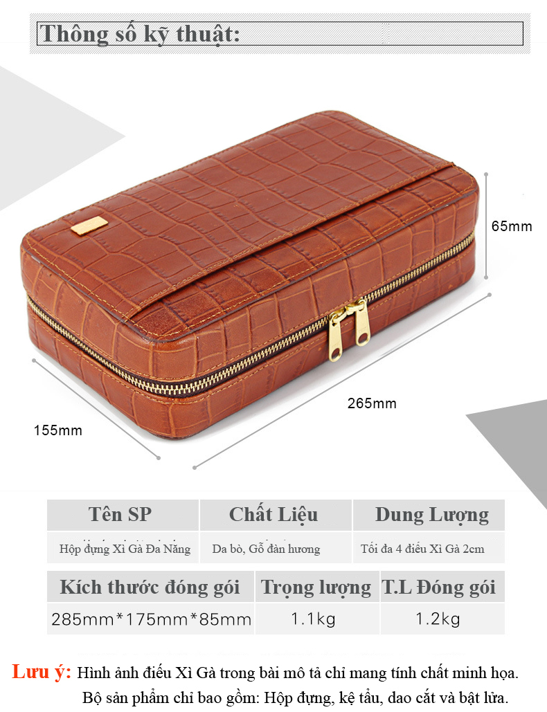 Bộ Set Bao Da Và Phụ Kiện Xì Gà JF-502 Bao Gôm Hộp Đựng, Hột Quẹt Bật Lửa, Cắt, Gạt Tàn, Kệ Kê Cigar Bằng Gỗ Tuyết Tùng Cao Cấp