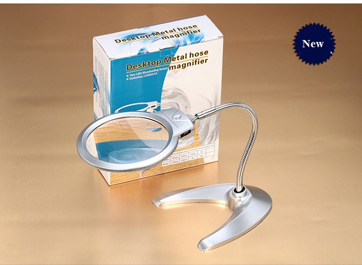 Kính lúp để bàn 2x, 6x chiều dài dây 25cm uốn dẻo dễ dàng điều chỉnh, tích hợp đèn trợ sáng