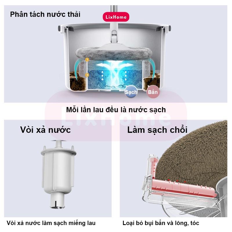 Chổi lau nhà thông minh xoay vắt 360 tách nước bẩn và nước sạch, Cây lau nhà kèm thùng cán inox tặng kèm 2 bông lau