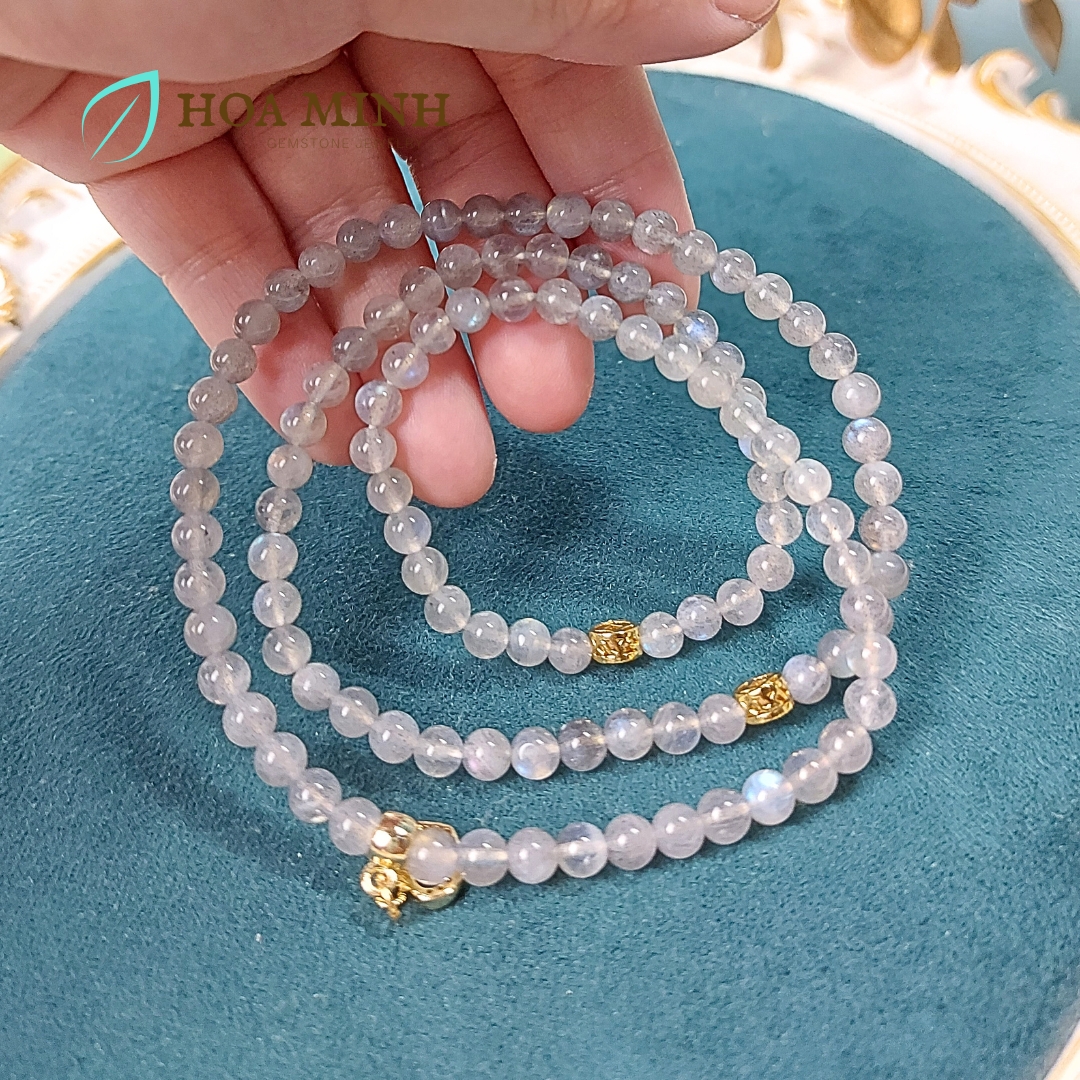 Vòng tay chuỗi 108 hạt đá xà cừ Labradorite Hắc Nguyệt Quang tự nhiên phối charm kim tiền, trái tim ổ khóa đính đá