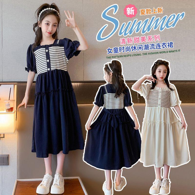 DONGSHOP Cô gái mùa hè ngắn tay chiffon váy công chúa 2023 Hàn Quốc đại học gió váy trẻ em lớn cô gái đầm