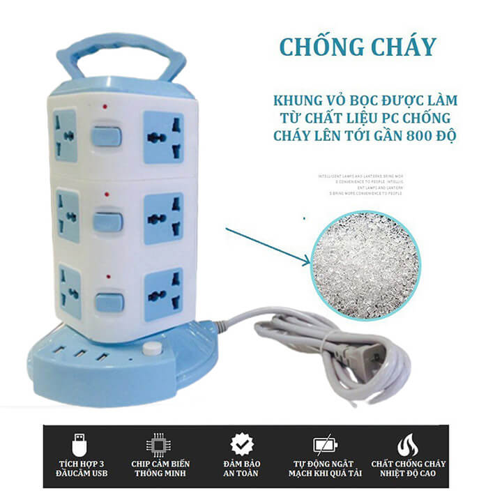 Ổ cắm điện đa năng 3 tầng 12 ổ cắm 3 cổng sạc nhanh USB 2.1A cho điện thoại, chịu tải 2500W, chống giật dây dài 1m8
