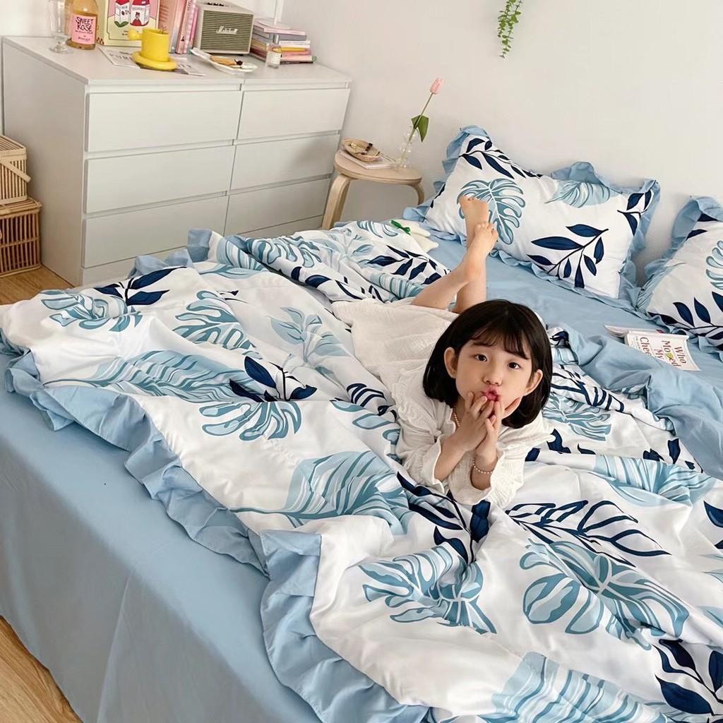 Bộ chăn đũi hè vỏ ga và 2 vỏ gối M2T bedding chăn lót bông thiết kế phối bèo họa tiết lá cọ xanh