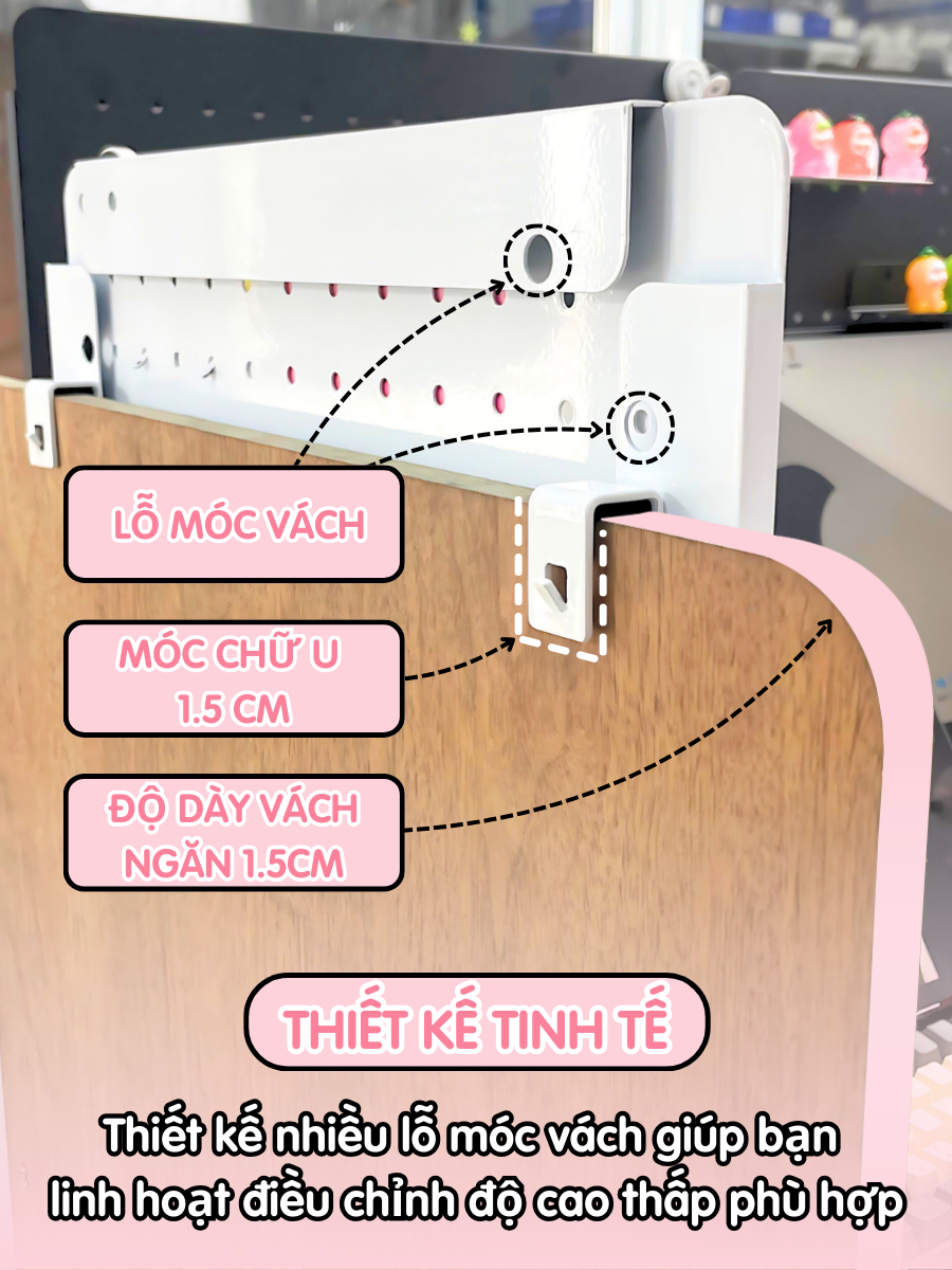 Bảng lỗ Pegboard kim lọai Dola Home móc vách ngăn văn phòng làm việc, móc cửa sổ KHÔNG khoan tường