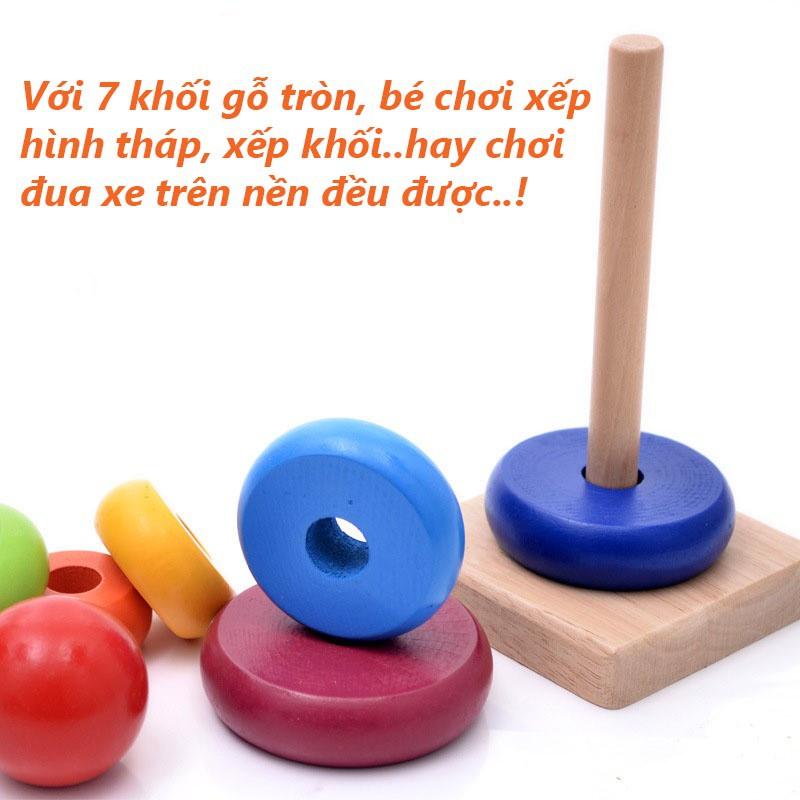 Đồ chơi tháp xếp chồng gỗ 7 sắc cầu vồng, đồ chơi gỗ phát triển trí tuệ LONG THÀNH CÁ CẢNH