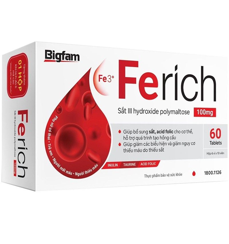 Viên uống bổ sung sắt, acid folic Ferich Bigfam hộp 60 viên