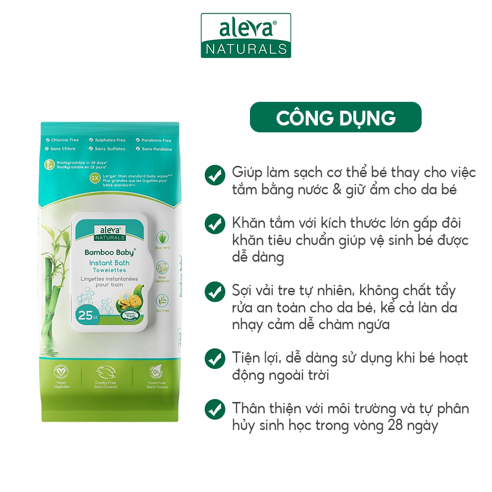 Khăn tắm dùng 1 lần hương hoa hồng dành cho bé Aleva Naturals (25 cái/gói)