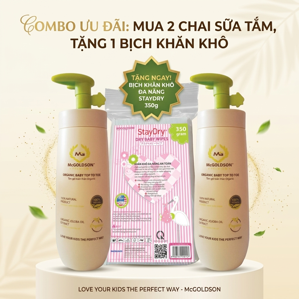 Combo 2 chai tắm gội toàn thần Organic Mcgoldson tặng 1 khăn khô đa năng StayDry