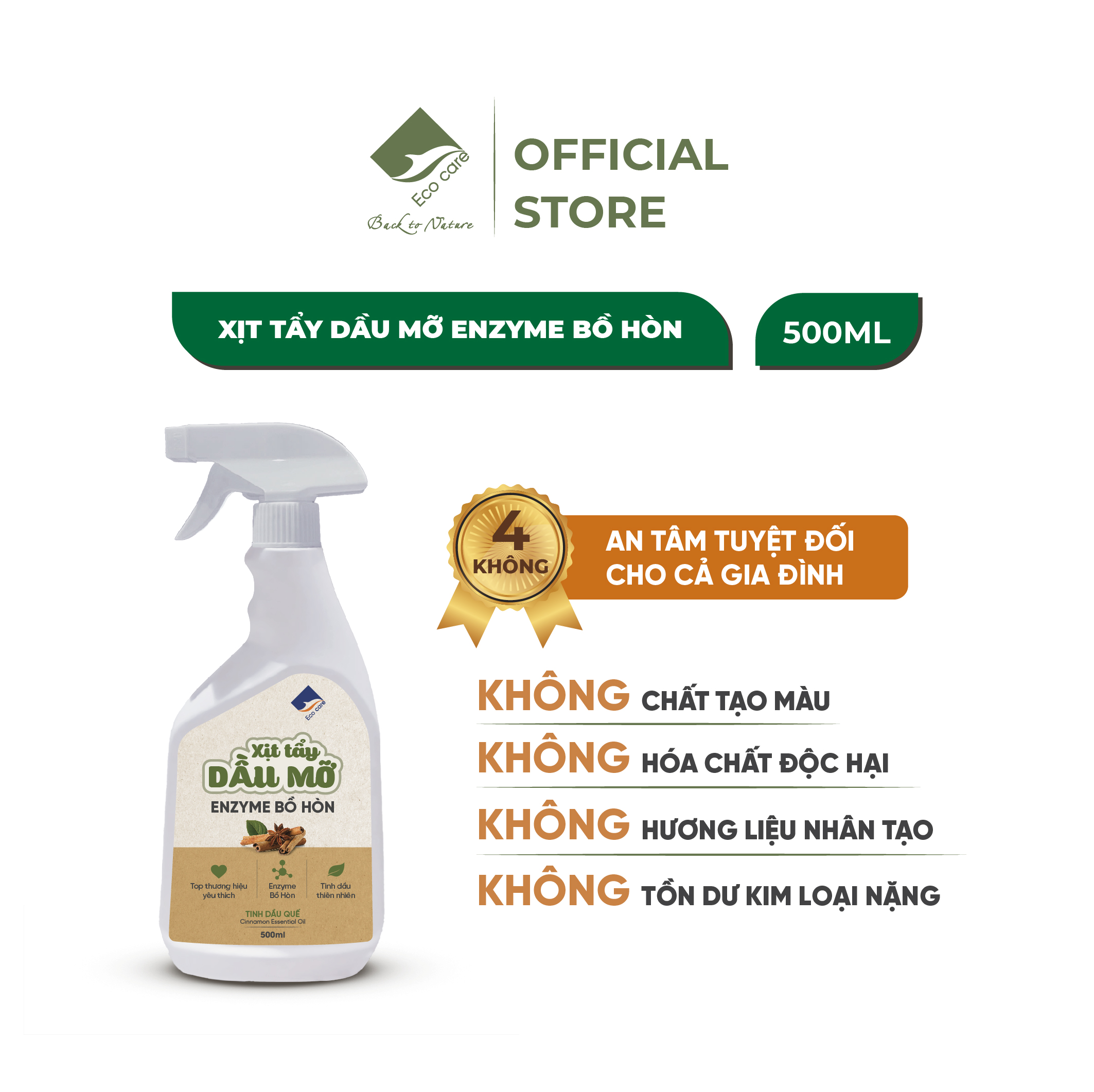 Xịt tẩy dầu mỡ Enzyme bồ hòn ECOCARE 500ml tinh dầu Quế/Cam Sả kháng khuẩn, làm sạch thiết bị nhà bếp
